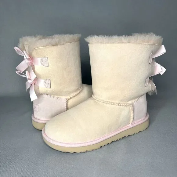 Girls UGG Boots Bailey Bow Baby Pink Suede Wool Coquette Rare Collectors Sz 3 - Picture 3 of 16
